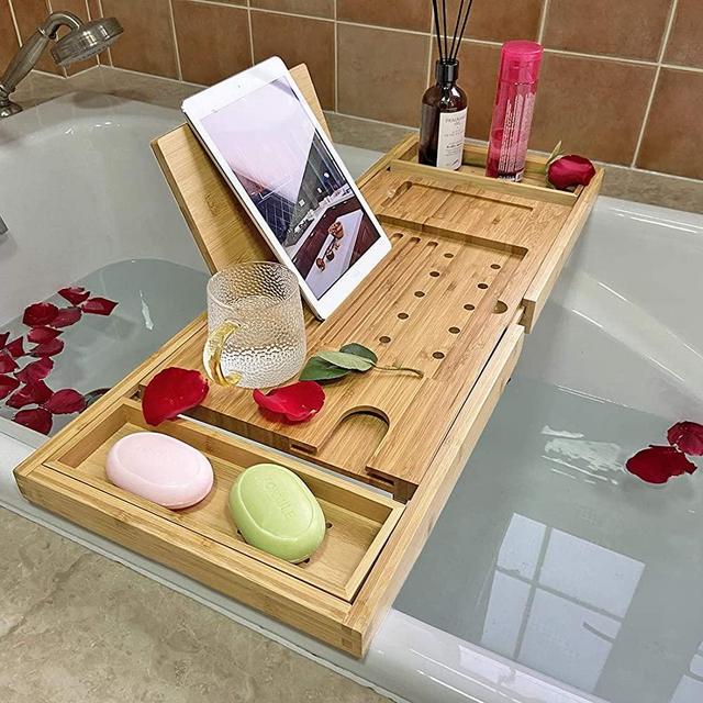 Simhoo Wide Bamboo Bath Caddy Tray Wooden Bathtub Adjustable Holder & Organizer for Glass/Soap/Notepad/Mobile/Bathroom Toiletries, Removable Boards with Non Slip Extendable Sides(Nature)