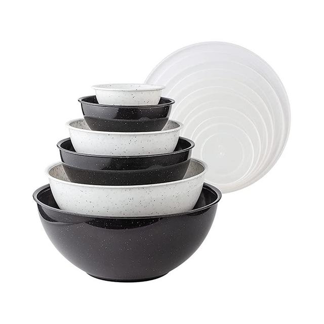 Cook with Color Plastic Mixing Bowls with Lids - 12 Piece Nesting Bowls Set includes 6 Prep Bowls and 6 Lids, Microwave Safe Mixing Bowl Set (Black and White)