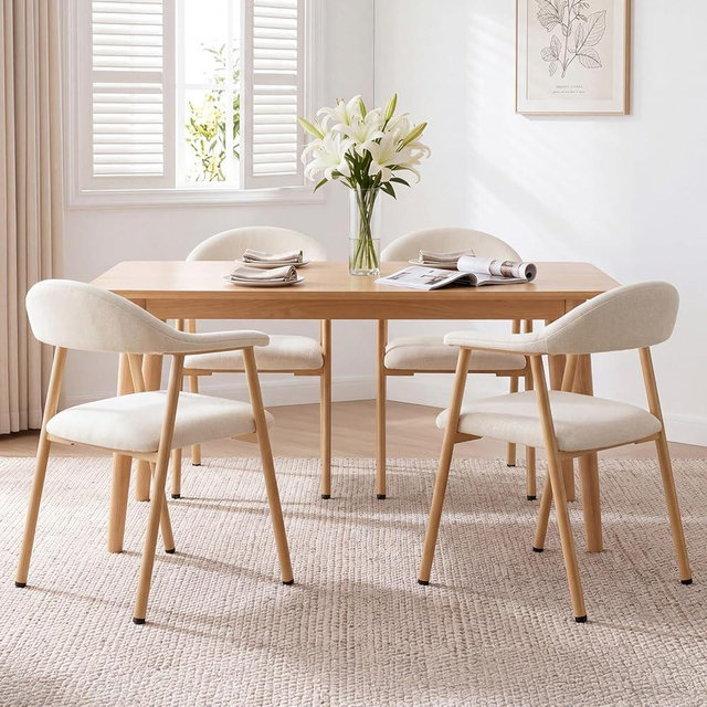 DUMOS Dining Chairs Set of 4, Linen Fabric Upholstered Kitchen Side Chairs with Curved Backrest & Metal Legs, Modern Farmhouse Accent Chairs for Dining Room Kitchen Living Room Cafe, Beige