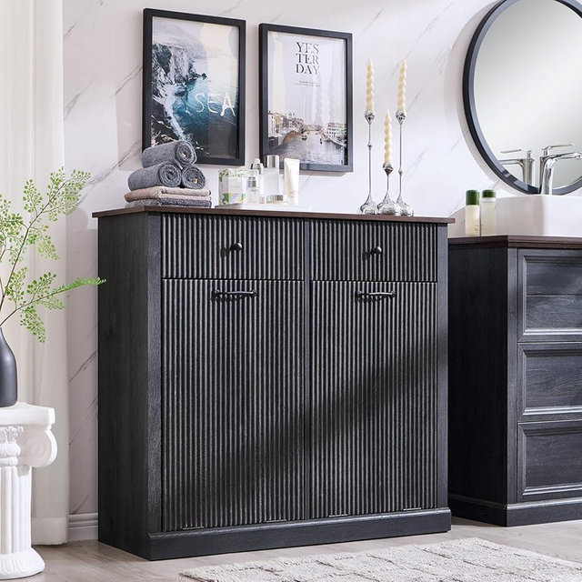 IFBUY Modern Double Tilt-Out Laundry Hamper Cabinet, 20 Gallon Fluted Trash Can Cabinet w/2 Drawers, Wooden Hidden Garbage Can Cabinets w/Laundry Basket, Free Standing for Bathroom and Kitchen, Grey