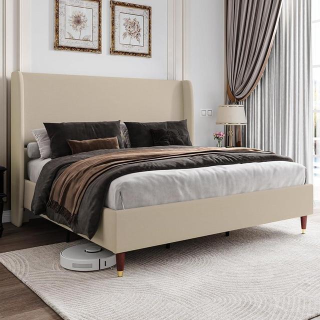 Jocisland Queen Bed Frame Upholstered Bed 51.2" High Platform Bed with Wingback Headboard/No Box Spring Needed/Easy Assembly/Brown