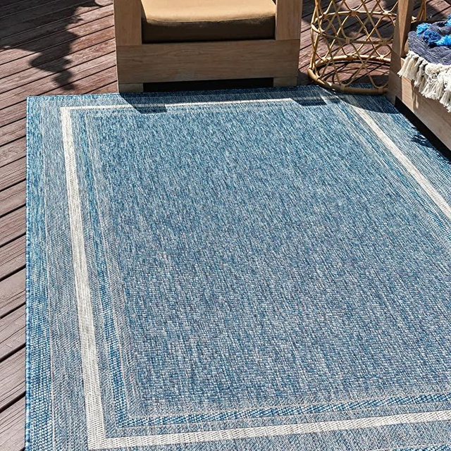 Unique Loom Outdoor Collection Transitional Indoor & Outdoor Casual Solid Tonal Border Area Rug, 6 x 9 ft, Blue/Beige