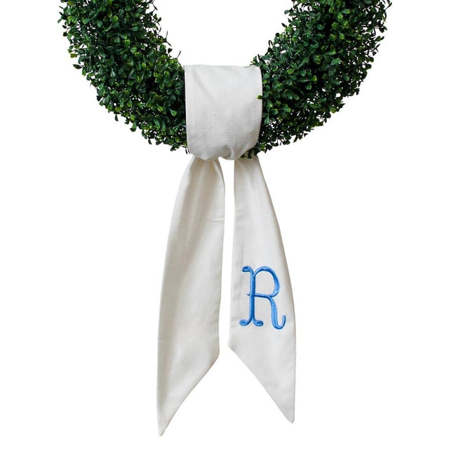 Monogram Wreath Sash for Front Door, White Embroidered Linen Wreath Sash, Porch Accessory for Xmas Party Yard, Wedding, and Boxwood Decoration, Indoor Outdoor Décor - (R)