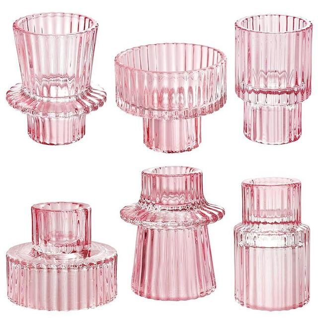 IYOUYA Pink Glass Candle Holders 6PCS for Pillar Candles, Taper Candles, Tealight Candles,Candlestick Holders for Wedding, Festival, Dinning&Party