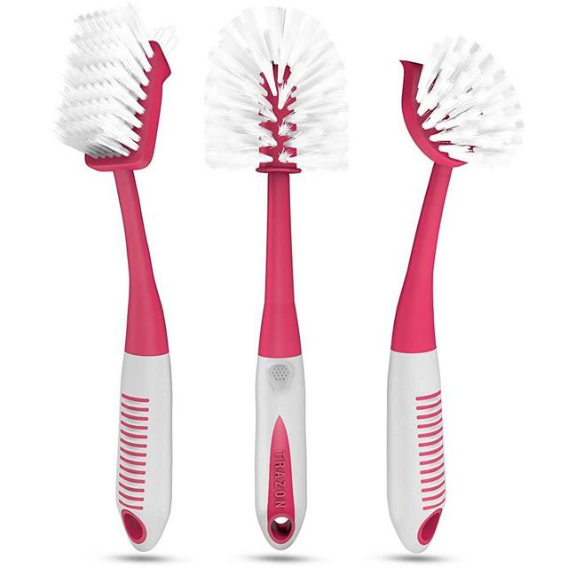 Dish Brush Set of 3 with Bottle Water Brush, Dish Scrub Brush and Scrubber Brush - Kitchen Scrub Brushes Ergonomic Non Slip Long Handle for Cleaning Cleaner Wash Sink Dishes Bottle Cup Glass Pot (Red)