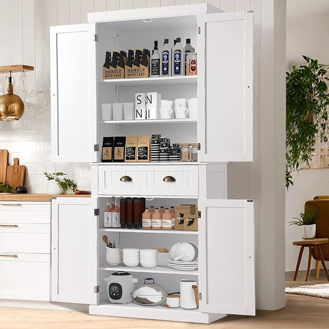 LOUVIXA 72" Kitchen Pantry Storage Cabinet, Freestanding Cupboard with 2 Cabinets, Drawer and Adjustable Shelves, Tall Storage Cabinet for Kitchen, Dinning Room, Living Room (White)