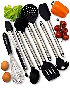Kitchen Utensils - 8 Piece Cooking Utensils - Nonstick Utensil Set - Silicone and Stainless Steel Kit - For Pots and Pans - Serving Tongs, Spoon, Spatula Tools, Pasta Server, Ladle, Strainer, Whisk