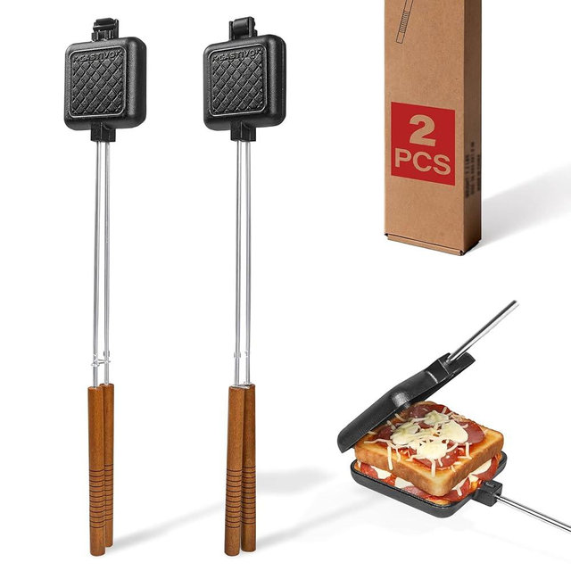 CASTIVO Mountain Pie Maker Cast Iron – Campfire Pie Iron, Hobo Pie Maker for Camping, 2-Pack