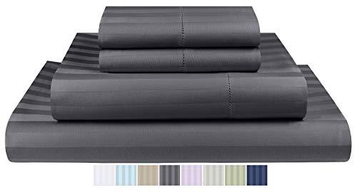Threadmill Home Linen 500 Thread Count Damask Stripe Cotton Sheets 100% ELS Cotton Hem Stitch Luxury 4 Piece Sheet Set, Fits Mattresses up to 18 inches deep, Smooth Sateen Weave, Queen, Elephant Grey