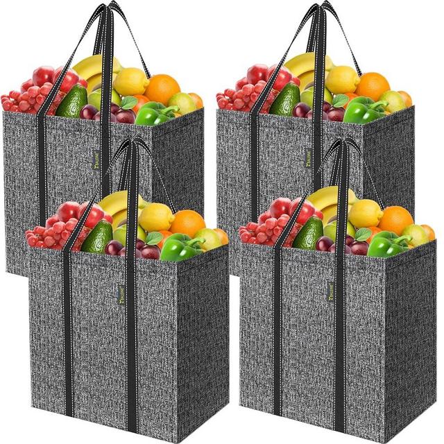 BALEINE 4 PK Grocery Bags Reusable Shopping Bags with Reinforced Bottom, Heavy Duty Foldable Tote Bags (Grey)