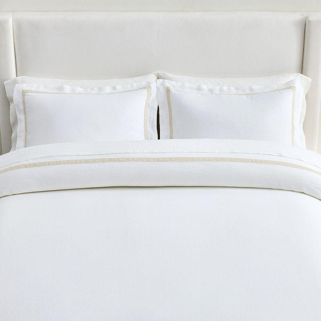 Belgian Flax Linen Frame Duvet Cover, White/Flax, Full/Queen