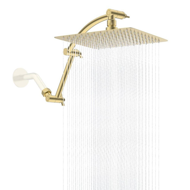 Hibbent All Metal cUPC Certified Rain Shower Head, 10'' High Pressure Rainfall Showerhead with 16" Shower Head Extension Arm, Brass Adjustable Shower Arm Extender, fixed Showerheads, Brushed Gold