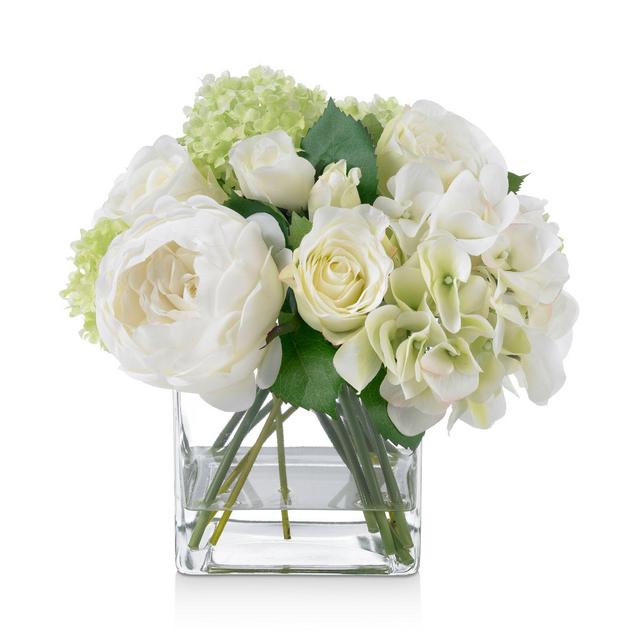 Diane James Home Blooms Rose & Hydrangea Faux Floral Arrangement in Glass Cube