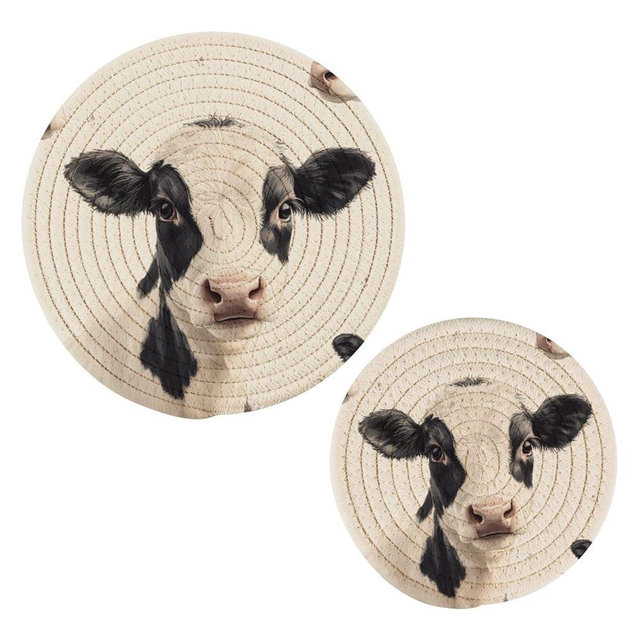 Msyxl Cow Trivets for Hot Dishes, Hot Pots and Pans, Cotton Woven Pot Holders for Kitchen Countertops, Table, 2 Pcs Heat Resistant Hot Pads, 7"+9.5"