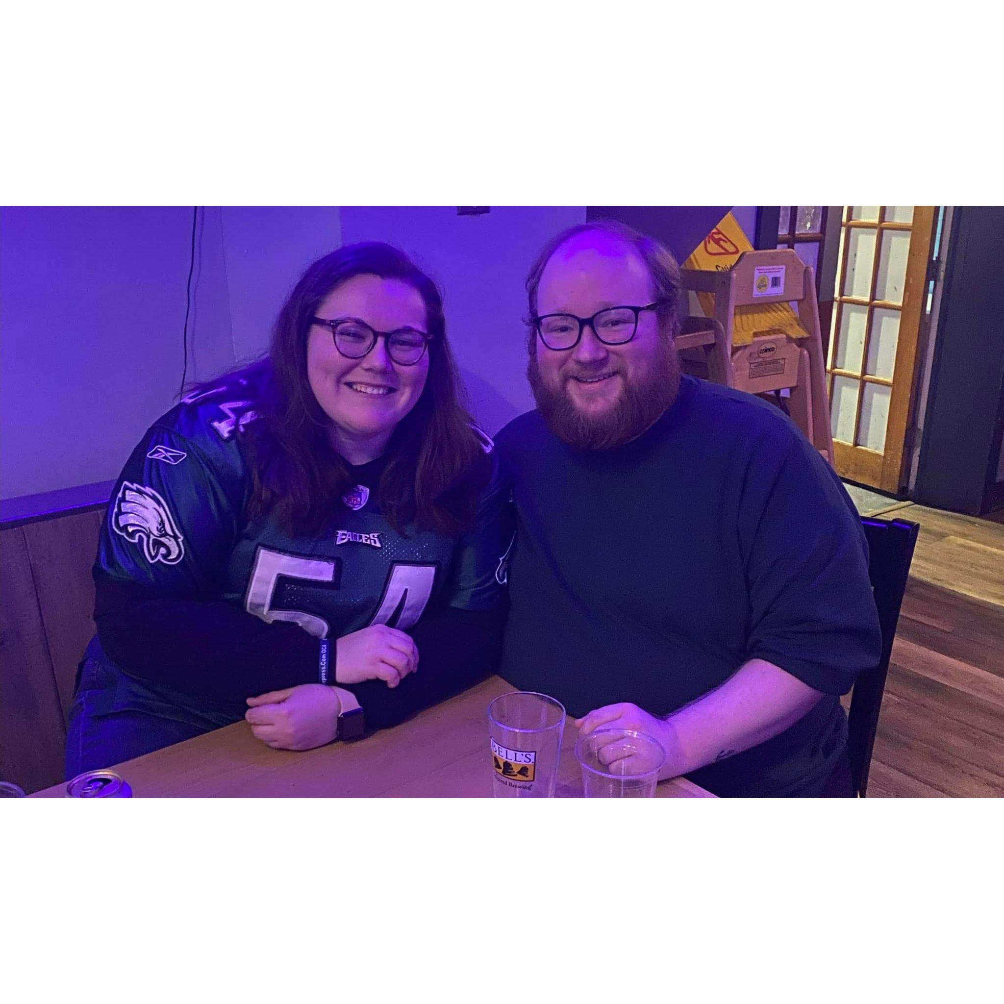 Our first picture together, watching the Eagles advance in the playoffs