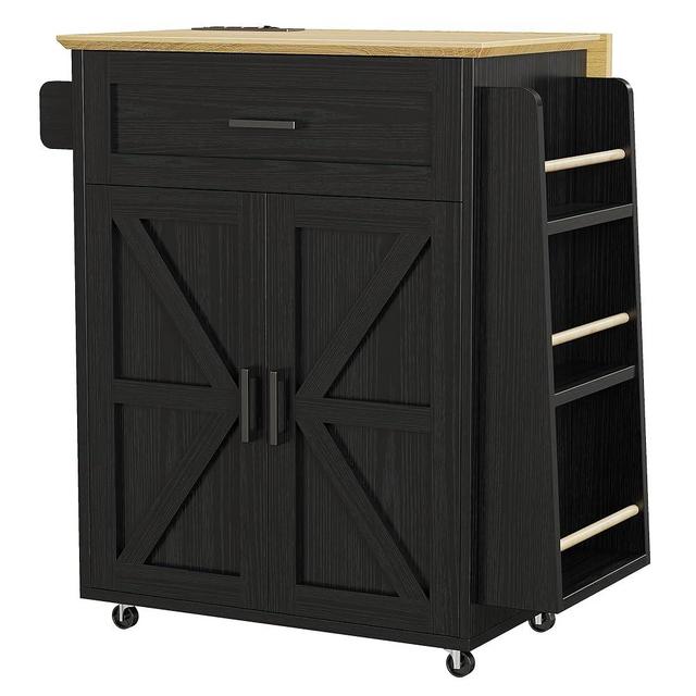 IRONCK Kitchen Island Cart with Storage, Rolling Kitchen Table with Power Outlet, Storage Cabinets on Wheels with Drop Leaf, Portable for Dining Room, Black