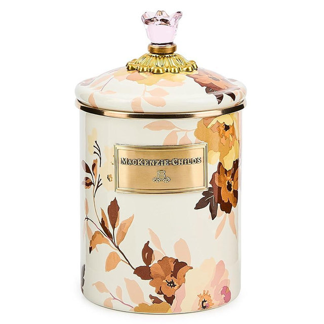 MACKENZIE-CHILDS Enamel Canister, Kitchen Storage Container with Lid, Medium, Wild Rose White