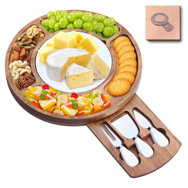 13.5" Round Acacia Wood Cheese & Charcuterie Board Set with Slate Chiller, Hidden Drawer & 420 Stainless Steel Knives/Forks - Ideal Wedding, Housewarming, Birthday Gifts