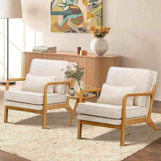 MALOL Mid-Century Accent Chair Set of 2 with Solid Wood Frame, Reading Relaxing Armchair Lumbar Pillow& Soft Cushion, Leisure Chair for Living Room, Bedroom, Waiting Room-Beige
