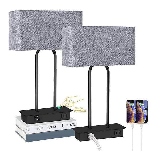 Set of 2 Touch Control 3-Way Dimmable Table Lamp with 2 USB Ports &1 AC Outlet, Modern Bedside Nightstand Lamps with Fabric Shade, Desk Lamps for Bedroom Living Room Grey, Bulbs Included
