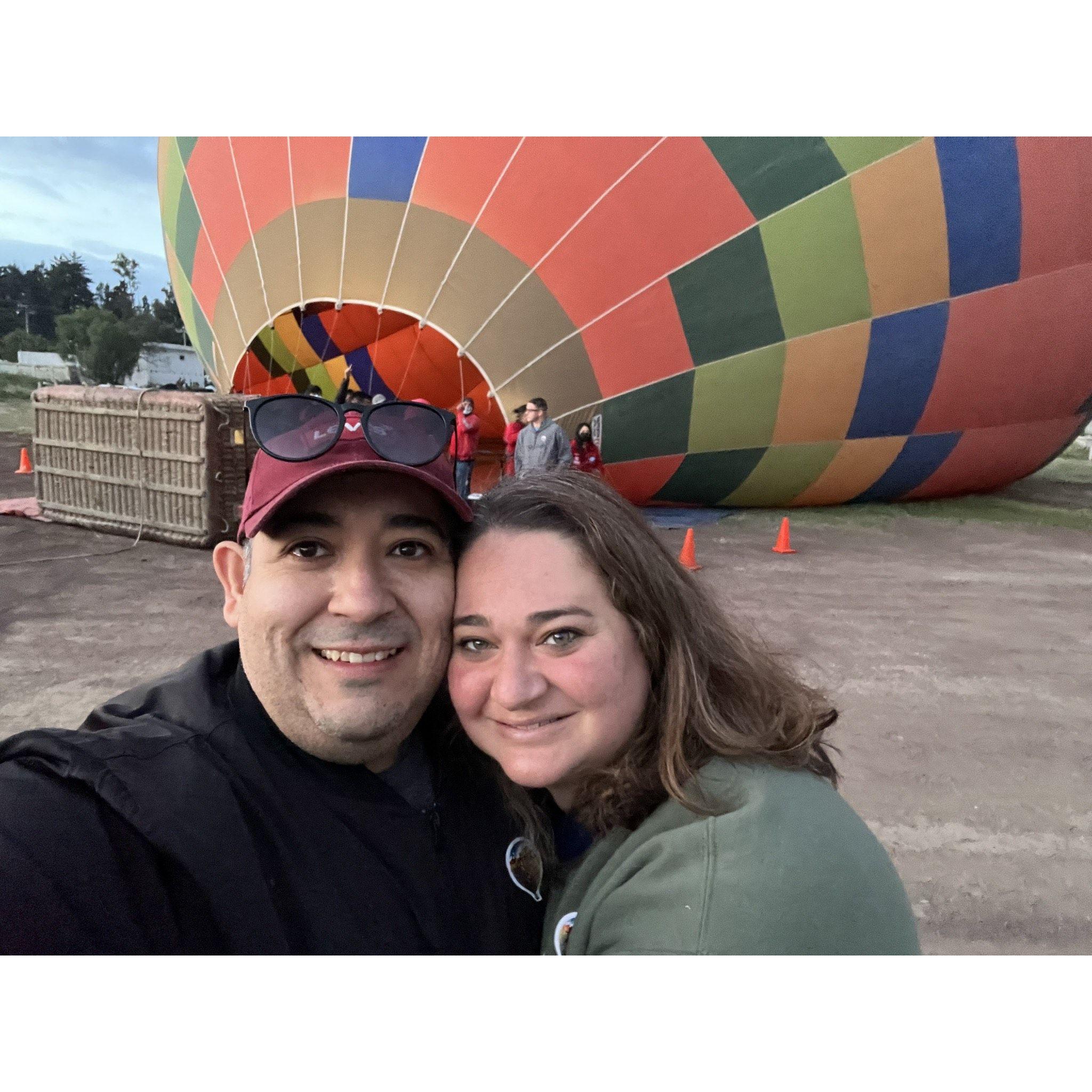 Awaiting our hot air balloon ride over Teotihuacan the day we got engaged.