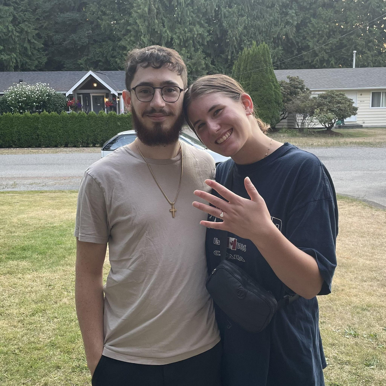 The day we got engaged! Teagan proposed at the end of a hike so we had to stop to shower and throw on PJ's before heading over to show Keziah.