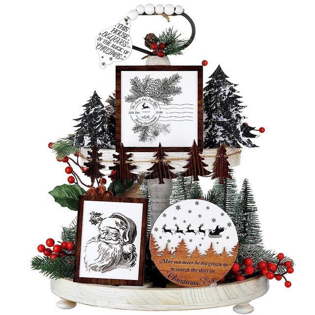 BBTO 11 Pcs Christmas Tiered Tray Decor Set Wood Christmas Table Decor Farmhouse Christmas Decor Christmas Trees Santa Claus Reindeer Pine Cone Wooden Tabletop Signs for Xmas Home Party (Santa Style)