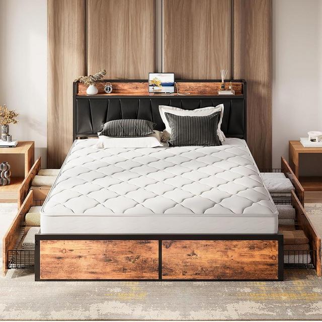 LIKIMIO California King Bed Frame with 4 Storage Drawers, Platform Bed with Charged Headboard, Sturdy and Stable, No Noise, No Box Spring Needed, Easy to Install, Vintage Brown and Black