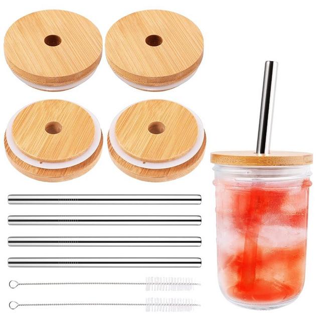 TRUSBER 4 Pack Reusable Bamboo Wide Mouth Drinking Lids with Straw Hole and Straw for Mason Jar (JAR NOT INCLUDED)