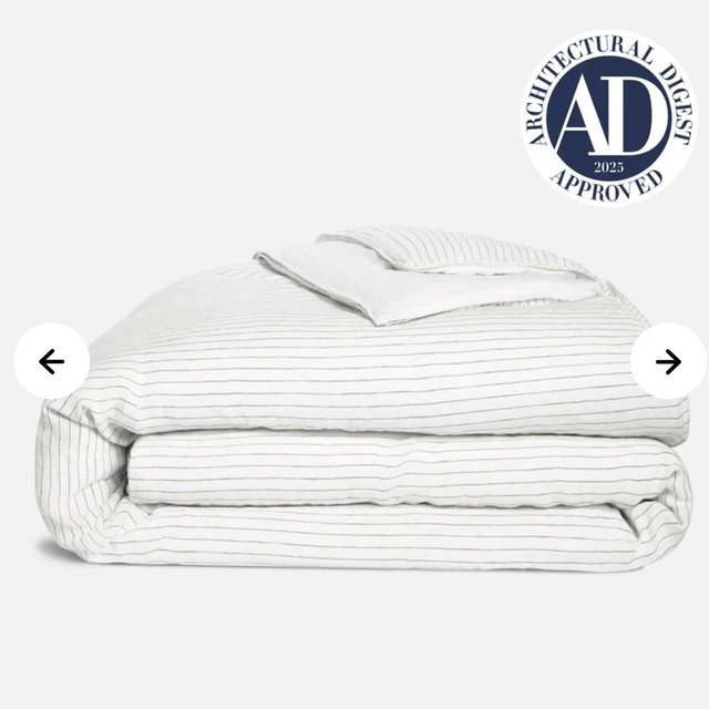 Washed European Linen Duvet Cover (Queen in Pinstripe in Fresh Moss)