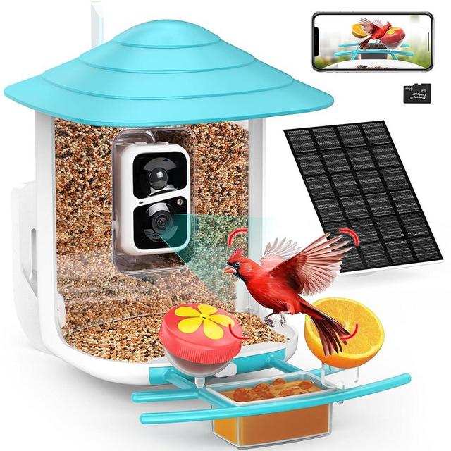 birdsnap® TUC- Smart Bird Feeder with Camera+Solar Panel 64G SD Card 6-in-1 Perch, 160°View 1080P Auto Detection & Notify, AI Identify 10000 Bird House for Outside Gift for Bird Watching Lover