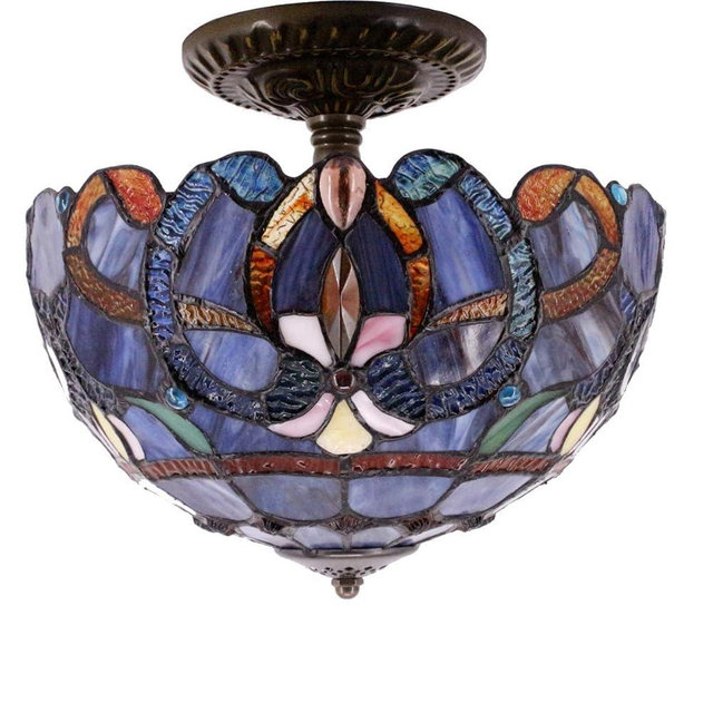 WERFACTORY Tiffany Ceiling Light Fixture Blue Purple Cloudy Stained Glass Semi Flush Mount Lamp Wide 12 Inch, Height 11 Inch S558 Series