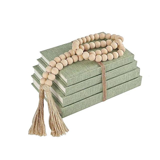 Linen Covered Decorative Books 4 Pieces, Neutral Home Decor Coffee Table Books with Wooden Beaded Tassel, Stacked Books for Rustic Farmhouse Modern, Boho, Bookshelf, Fireplace Mantel Décor, Sage