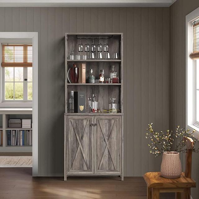 YITAHOME Corner Bar Cabinet for Liquor and Glasses, Dining Room Kitchen Cabinet with Wine Rack, Open Storage Shelves, Wood Doors for Living Room, Hallway, Grey Wash