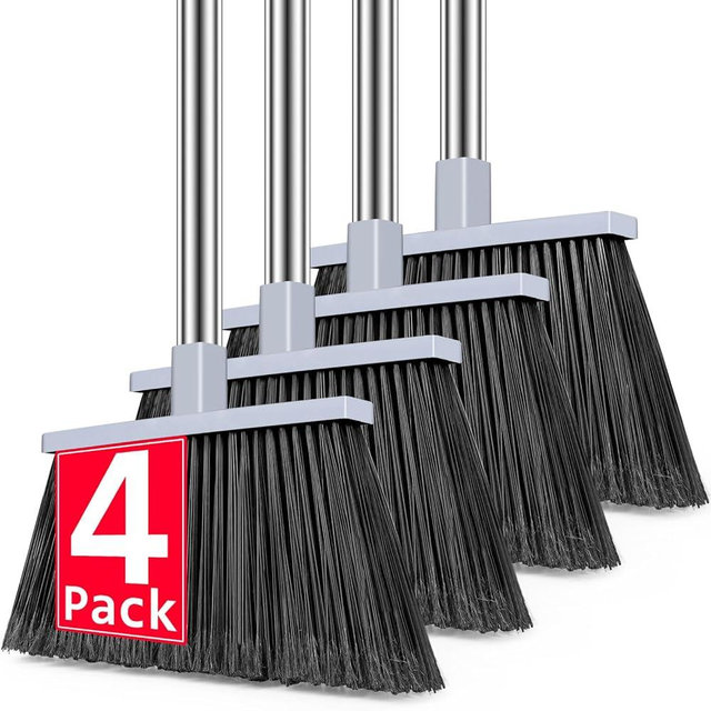 PBHEPJ 4 Pack Heavy Duty Broom Outdoor, 58" Long Stainless Steel Handle, Hard Bristle Angle Broom for Floors，Commercial & Industrial Broom for Sweeping Indoor, Garage, Kitchen