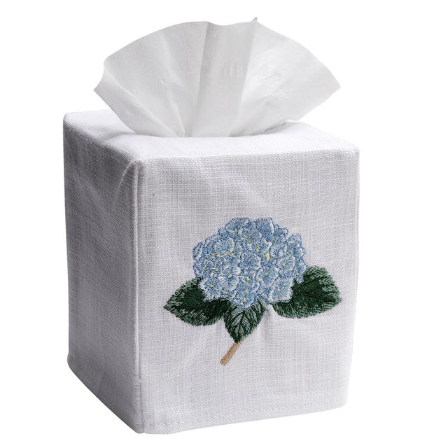 Jacaranda Living Square Tissue Box Cover, Linen/Cotton Fabric Tissue Holder, Decorative Cloth Tissue Cube Cover, Botanical Design Hydrangea Too, Light Blue