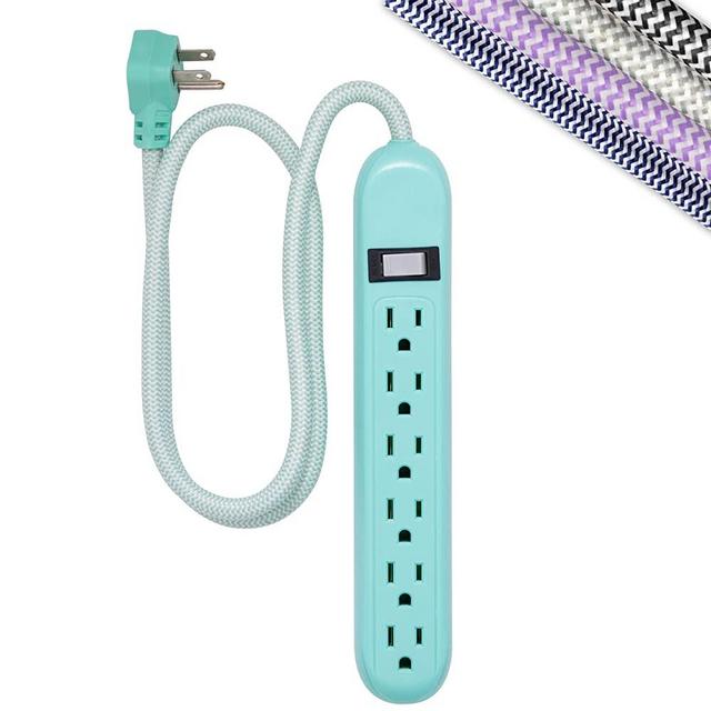 Cordinate 6-Outlet Surge Protector, Power Strip, Flat Plug, Braided Cord, Decorative, 3 ft Power Cord, Wall Mount, Tangle-Free, Warranty, Mint, 44205