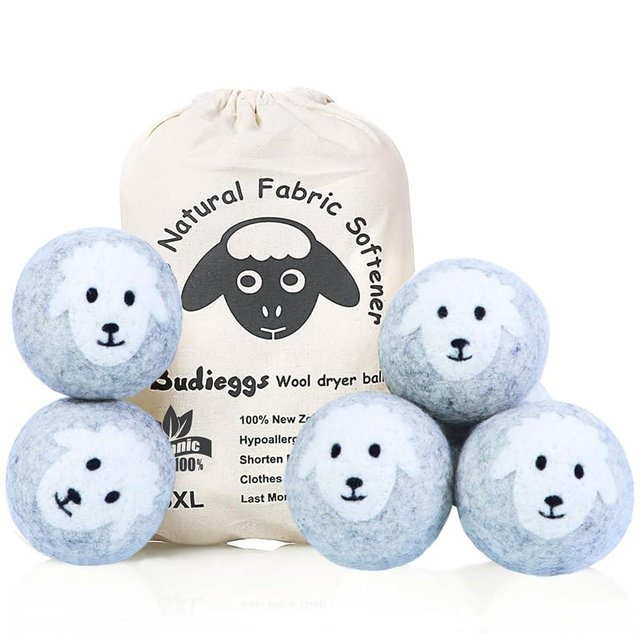 Budieggs Wool Dryer Balls Organic XL 6-Pack, 100% New Zealand Chemical Free Fabric Softener for 1000+ Loads, Baby Safe & Hypoallergenic, Reduce Wrinkles & Shorten Drying Time Naturally (Grey Sheep)