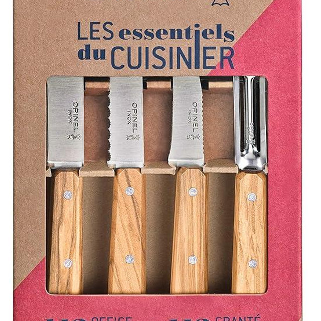 Opinel Set of 4 Essential Small Kitchen Knives - Paring, Serrated, Vegetable, Peeler - Olive Wood