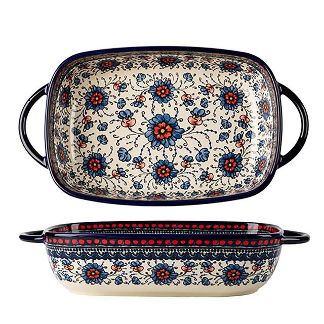 Bicuzat Vintage Style Pottery Bakeware Ceramic Casserole Dish Baking Pan Lasagna Pans Baking Dish with Handles for Oven/Cooking/Kitchen-1 PCS, Large Capacity, 60 OZ
