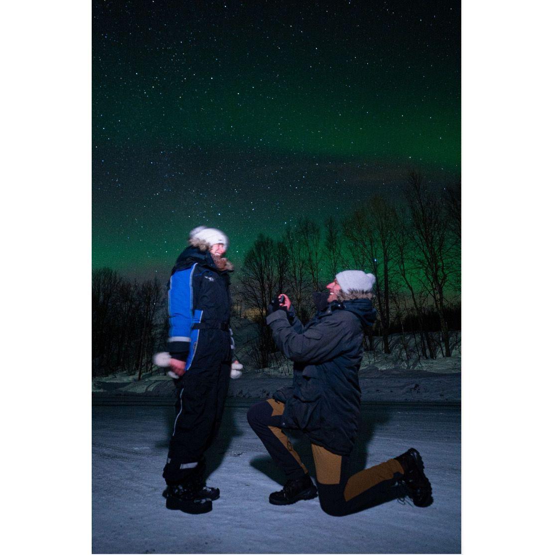 Simen proposed to Christie under the Northern Lights on January 26, 2025 and she was one happy bundled up bean!