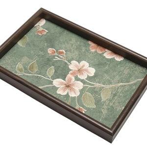 Green Wooden Valet Tray with Floral Base, EDC Catch All Tray Nightstand Entryway Table Vanity Organizer 11.8x7.9, Green Vintage Blossoms