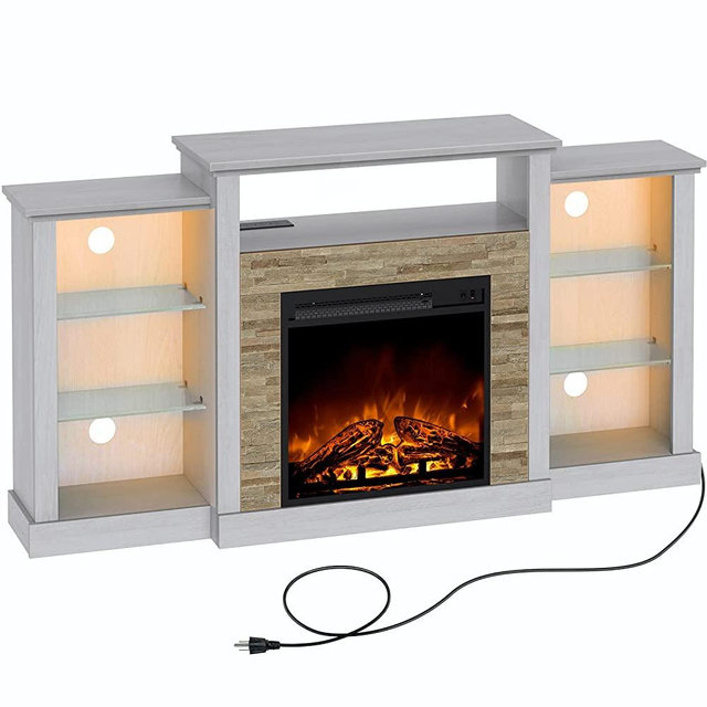 Rolanstar Fireplace TV Stand with Led Lights and Power Outlets, TV Console for TVs up to 65", Entertainment Center with Adjustable Glass Shelves, White