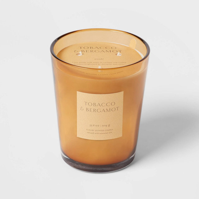 35oz Colored Vase Glass with Dustcover Tobacco and Bergamot Candle Yellow - Threshold™