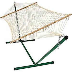 Sunnydaze Cotton Rope Double Hammock with Stand and Wood Spreader Bar, 2 Person, 350 lb Weight Capacity