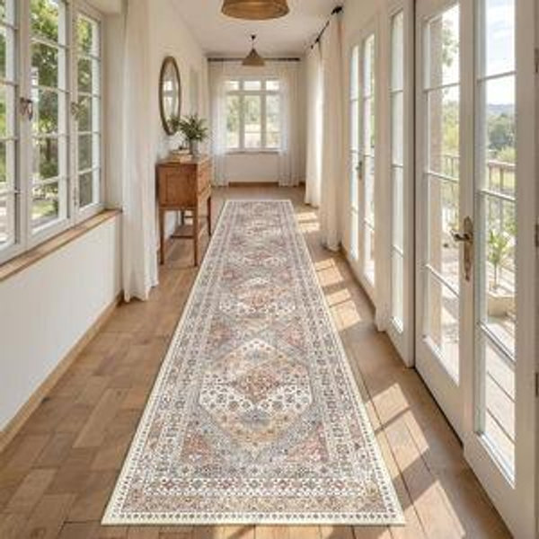 Hallway Runner Rug 2x12, Extra Long Washable Runner Rugs with Rubber Backing, Non Slip Runner, Vintage Rug Runners for Kitchen Laundry Room Entryway (Orange,2'x12')