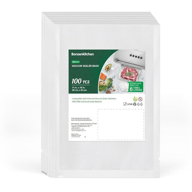 Bonsenkitchen Precut Vacuum Sealer Bags, 100 Gallon 11" x 16" Food Sealer Bags, Food Grade, BPA Free, Heavy Duty, Customized Vacuum Bags for Vac Storage, Meal Prep or Sous Vide Cooking, VB3214