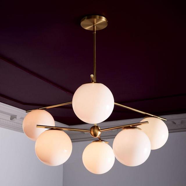 Sphere + Stem Convertible Chandelier, Brass/Milk Glass, 6-Light
