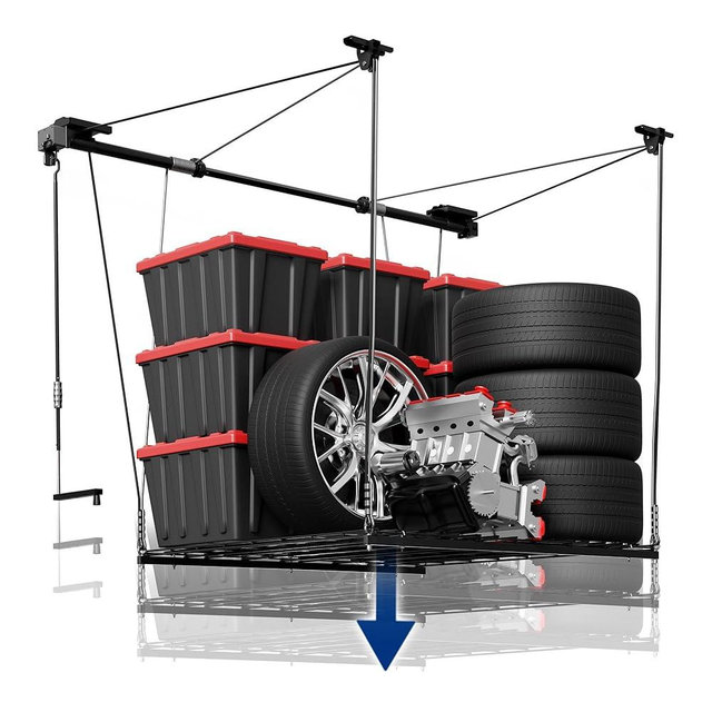 FLEXIMOUNTS Overhead Garage Storage Rack Lift, 4x4 Ft Heavy-Duty Garage Ceiling Storage Racks, Adjustable Organization System With 71'' L Axle, 300lbs Load Capacity, Flat Black