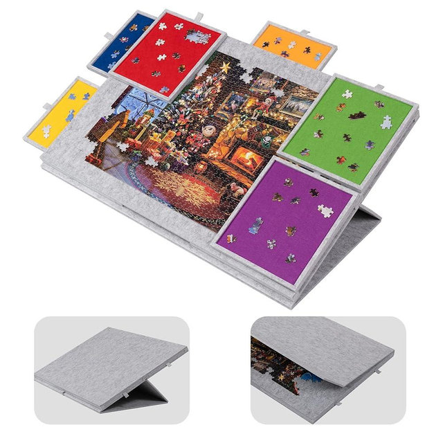 Lavievert 1500 Piece Tilting Puzzle Board with 2-in-1 Designed Stand & Cover, Lightweight Felt Mat Plateau with 6 Colored Drawers, Portable Jigsaw Puzzle Table with Storage for Adults - Light Gray